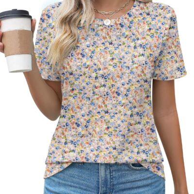 Kistore Womens Casual Crew Neck Short Sleeve Pleated Tops Blouses Fashion Clothes 2025