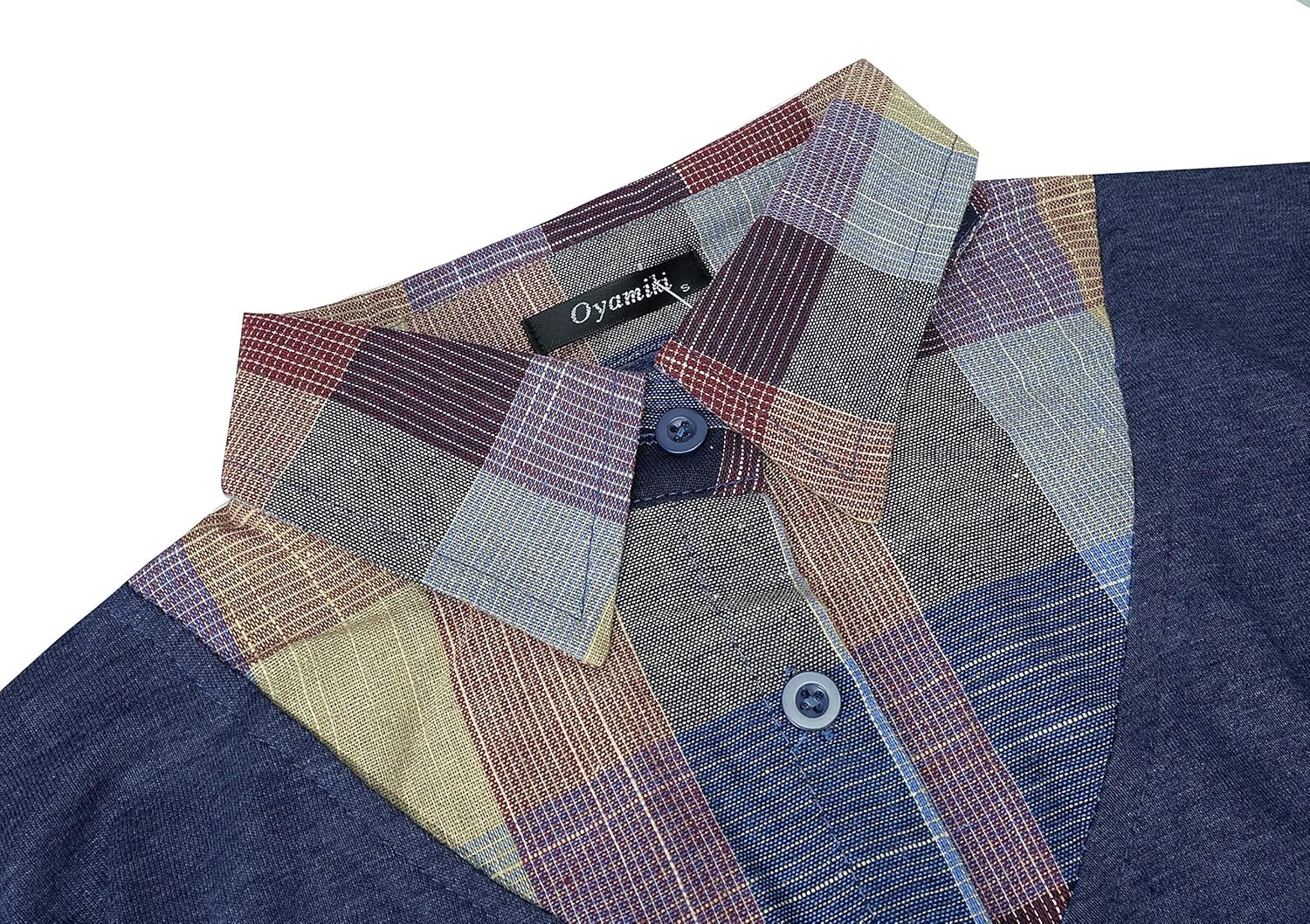 Oyamiki Women's Casual Collared Curved Hem 2 in 1 Pullover Tops Plaid Contrast Shirt Blouse - Image 3